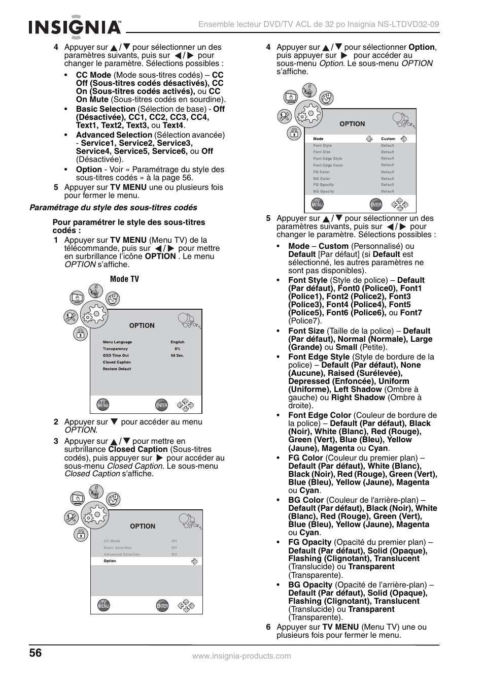 Paramétrage du style des sous-titres codés | Insignia NS-LTDVD32-09 User Manual | Page 56 / 116