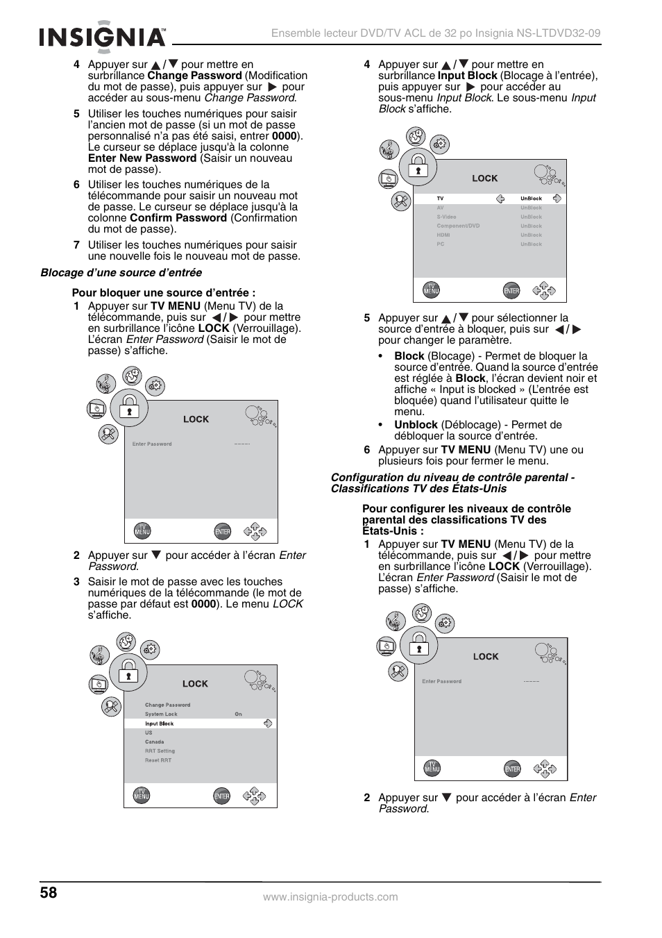 Blocage d’une source d’entrée | Insignia NS-LTDVD32-09 User Manual | Page 58 / 116