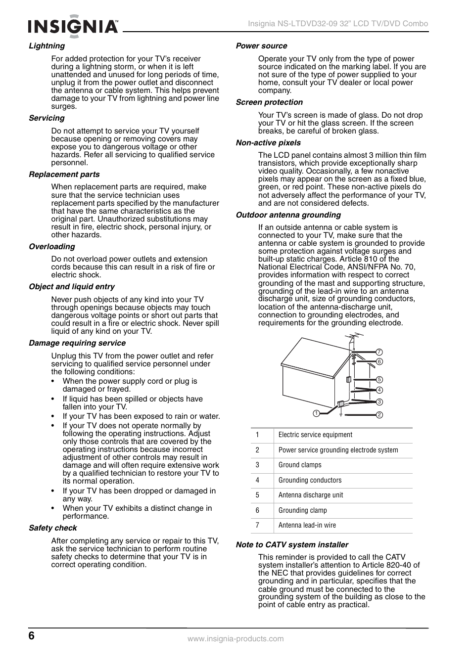 Lightning, Servicing, Replacement parts | Overloading, Object and liquid entry, Damage requiring service, Safety check, Power source, Screen protection, Non-active pixels | Insignia NS-LTDVD32-09 User Manual | Page 6 / 116