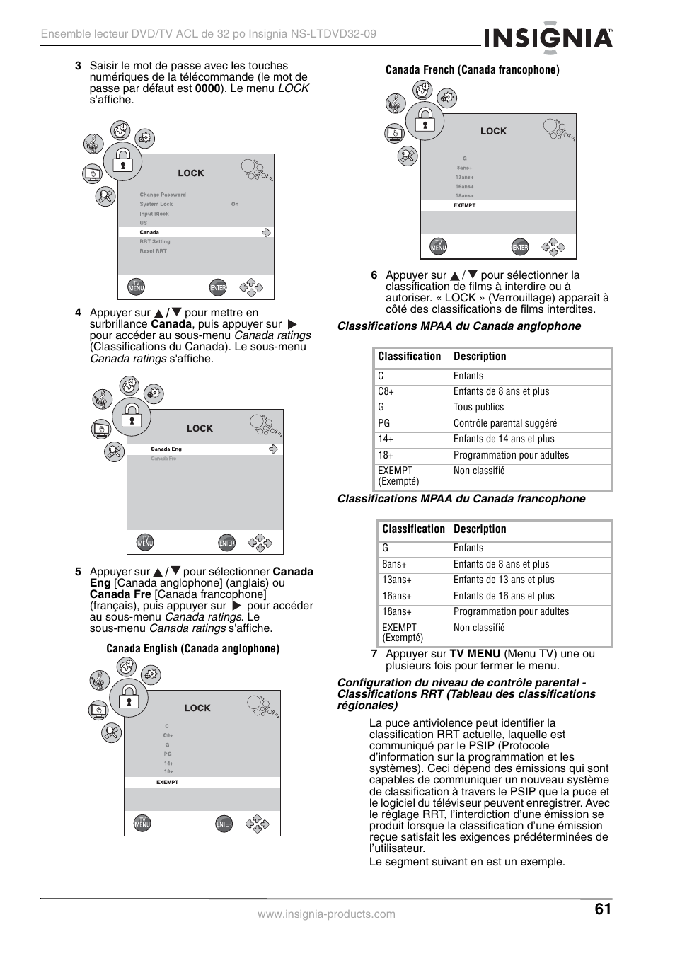 Classifications mpaa du canada anglophone, Classifications mpaa du canada francophone | Insignia NS-LTDVD32-09 User Manual | Page 61 / 116