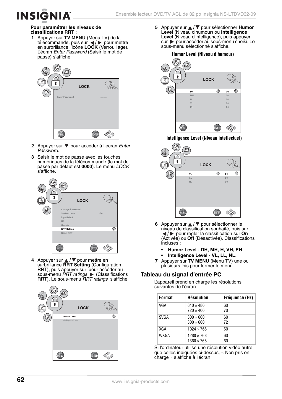 Tableau du signal d’entrée pc | Insignia NS-LTDVD32-09 User Manual | Page 62 / 116
