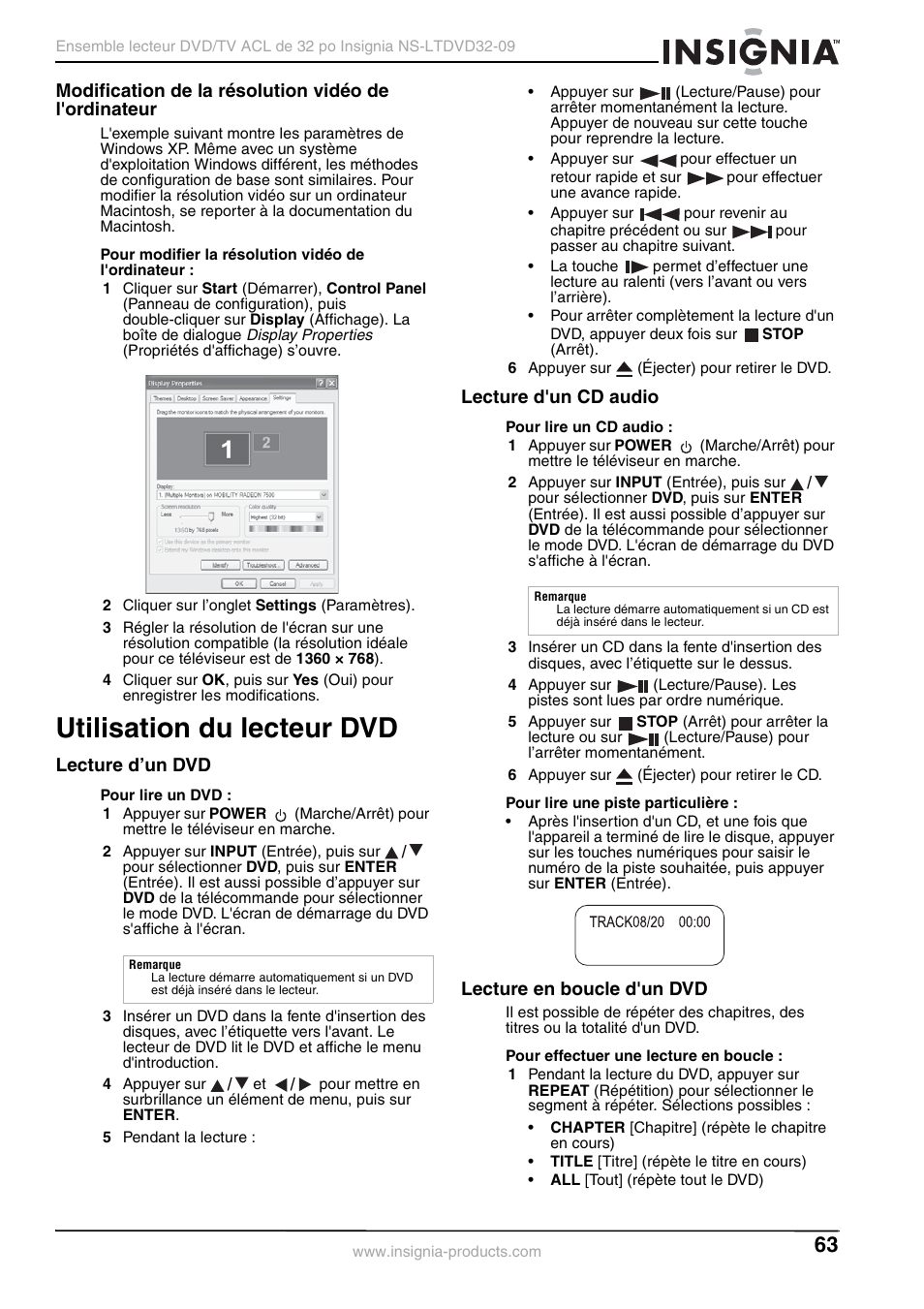 Utilisation du lecteur dvd, Lecture d’un dvd, Lecture d'un cd audio | Lecture en boucle d'un dvd | Insignia NS-LTDVD32-09 User Manual | Page 63 / 116