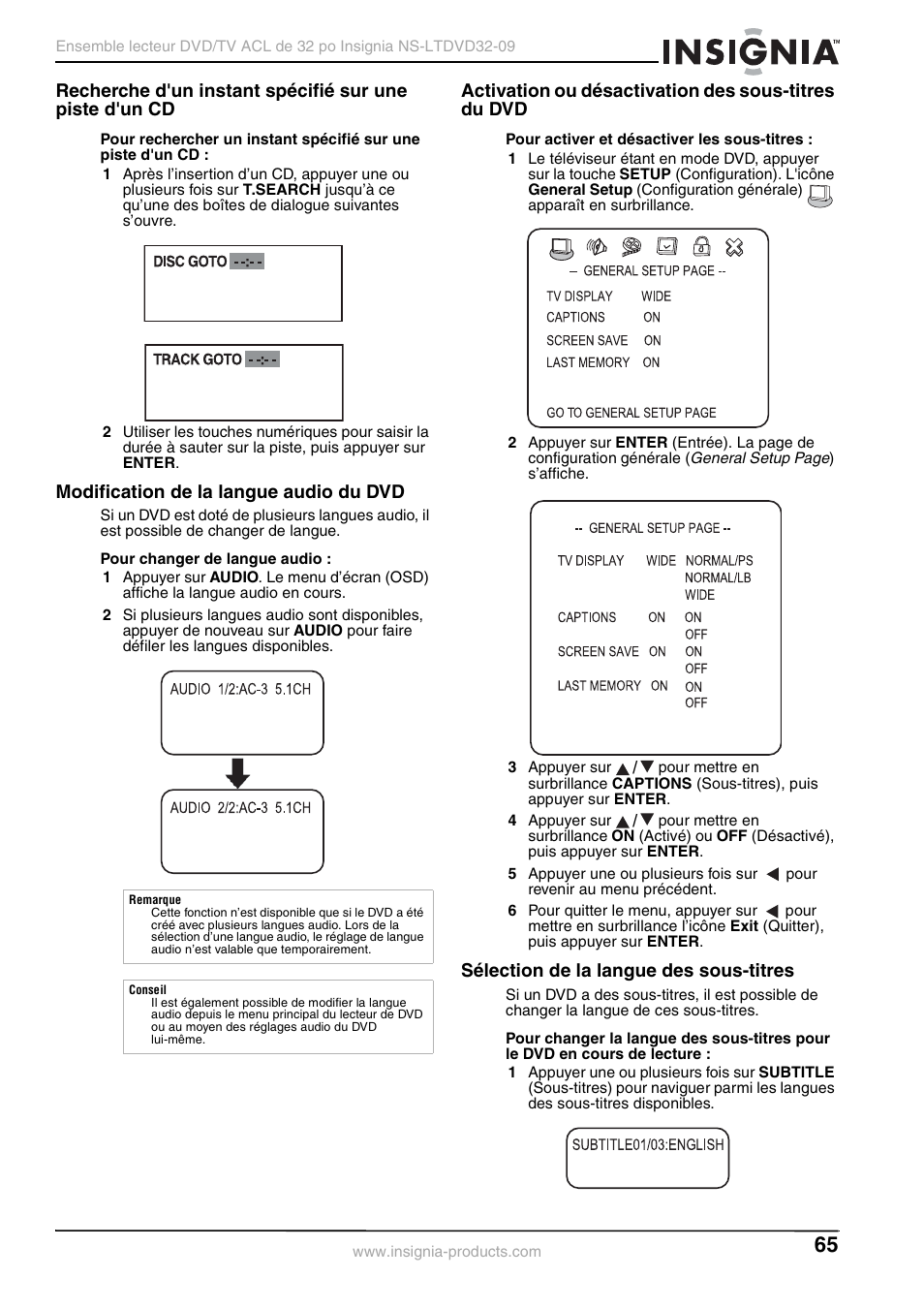 Modification de la langue audio du dvd, Activation ou désactivation des sous-titres du dvd, Sélection de la langue des sous-titres | Insignia NS-LTDVD32-09 User Manual | Page 65 / 116