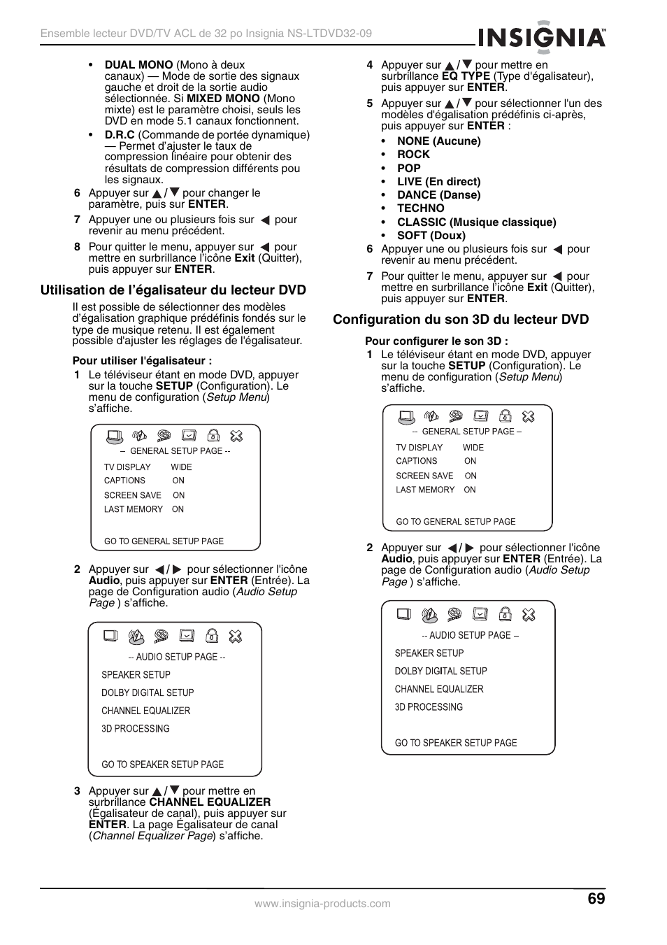 Utilisation de l’égalisateur du lecteur dvd, Configuration du son 3d du lecteur dvd | Insignia NS-LTDVD32-09 User Manual | Page 69 / 116