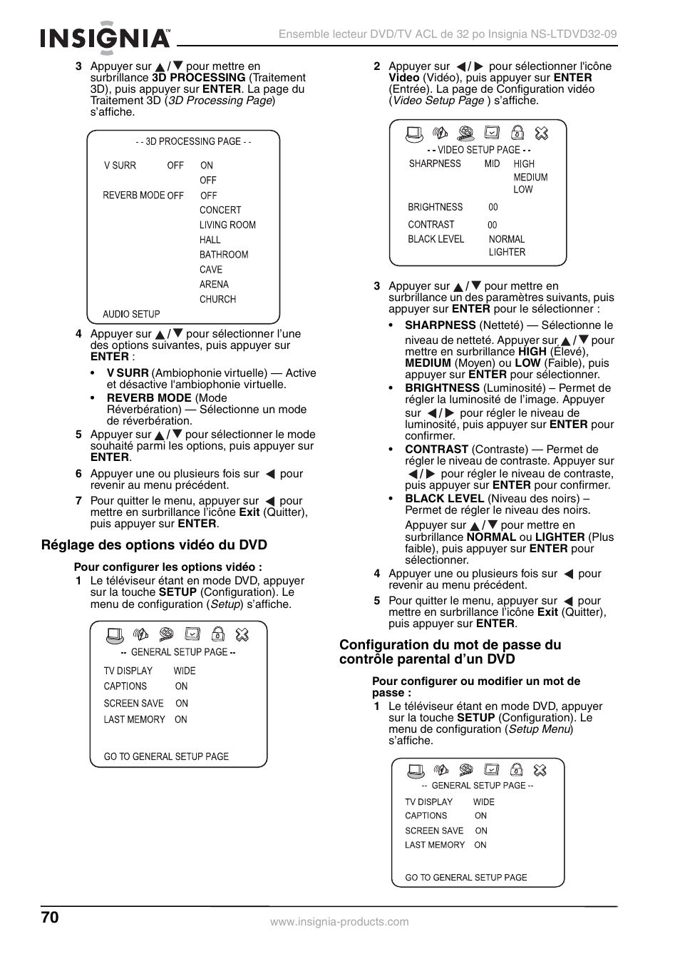 Réglage des options vidéo du dvd | Insignia NS-LTDVD32-09 User Manual | Page 70 / 116