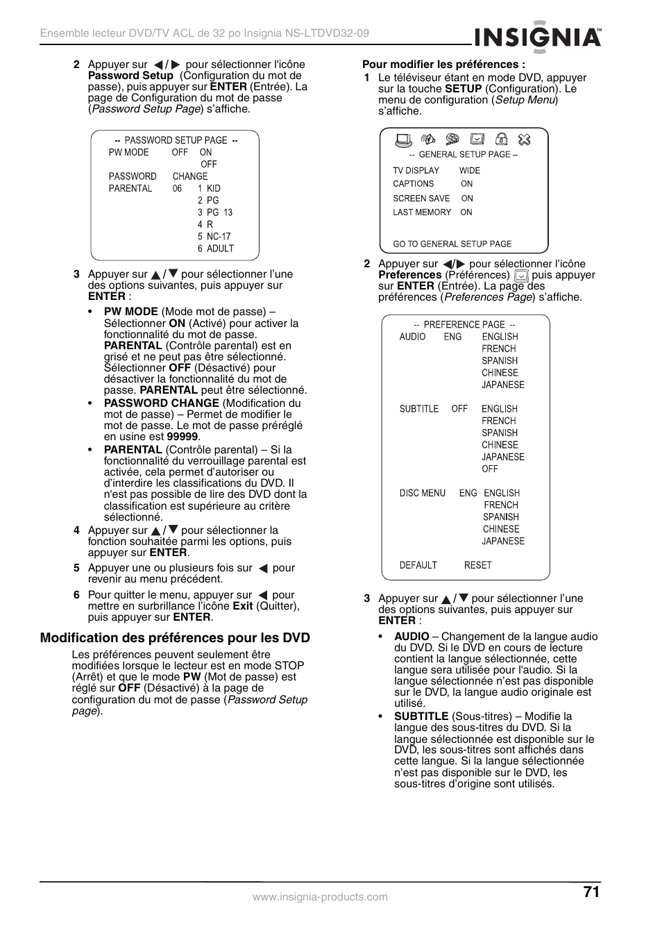 Modification des préférences pour les dvd | Insignia NS-LTDVD32-09 User Manual | Page 71 / 116