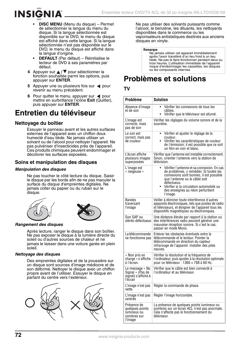 Entretien du téléviseur, Nettoyage du boîtier, Soins et manipulation des disques | Manipulation des disques, Rangement des disques, Nettoyage des disques, Problèmes et solutions, Entretien du téléviseur problèmes et solutions | Insignia NS-LTDVD32-09 User Manual | Page 72 / 116