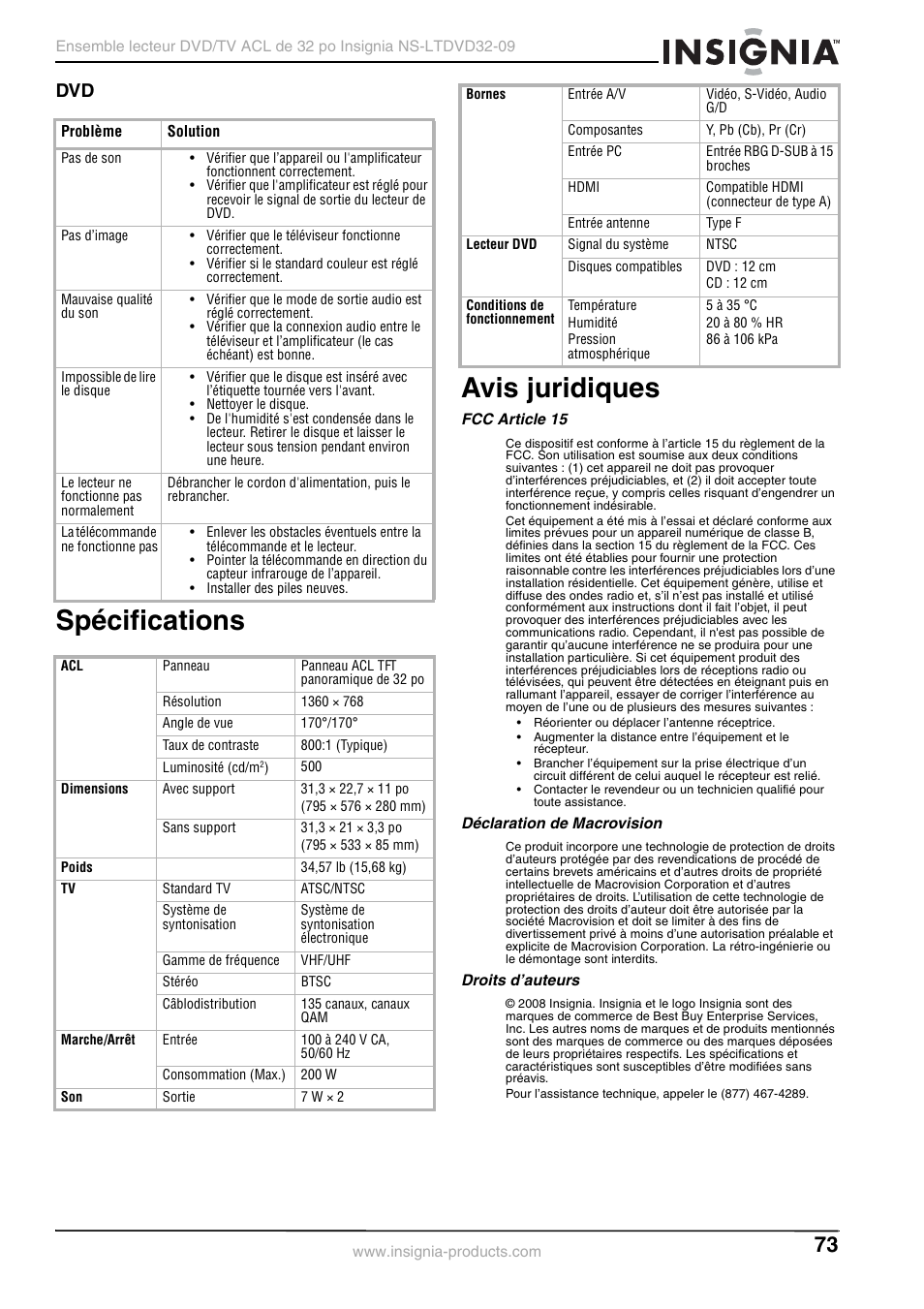 Spécifications, Avis juridiques, Fcc article 15 | Déclaration de macrovision, Droits d’auteurs, Spécifications avis juridiques | Insignia NS-LTDVD32-09 User Manual | Page 73 / 116