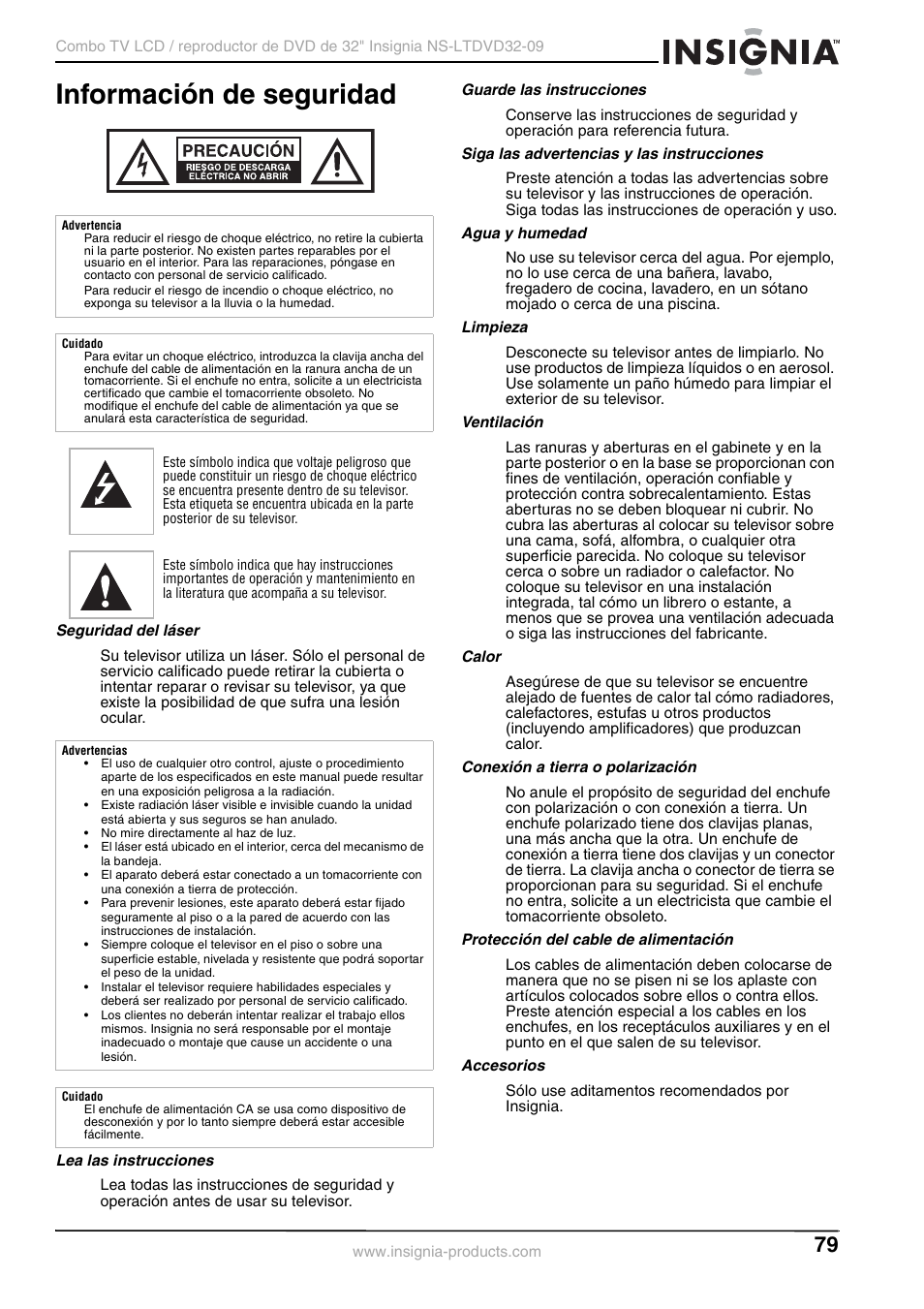 Información de seguridad, Seguridad del láser, Lea las instrucciones | Guarde las instrucciones, Siga las advertencias y las instrucciones, Agua y humedad, Limpieza, Ventilación, Calor, Conexión a tierra o polarización | Insignia NS-LTDVD32-09 User Manual | Page 79 / 116