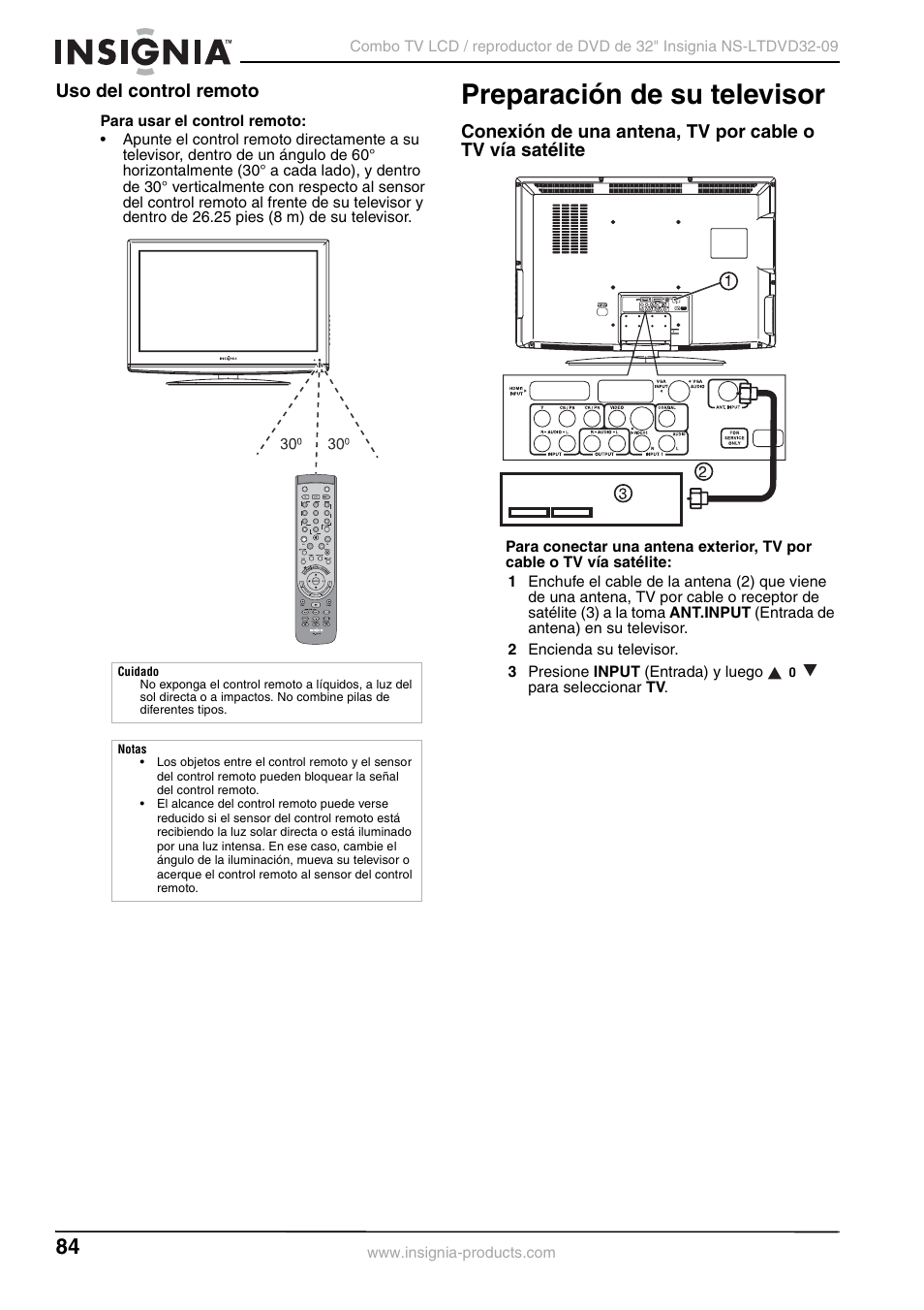 Uso del control remoto, Preparación de su televisor | Insignia NS-LTDVD32-09 User Manual | Page 84 / 116