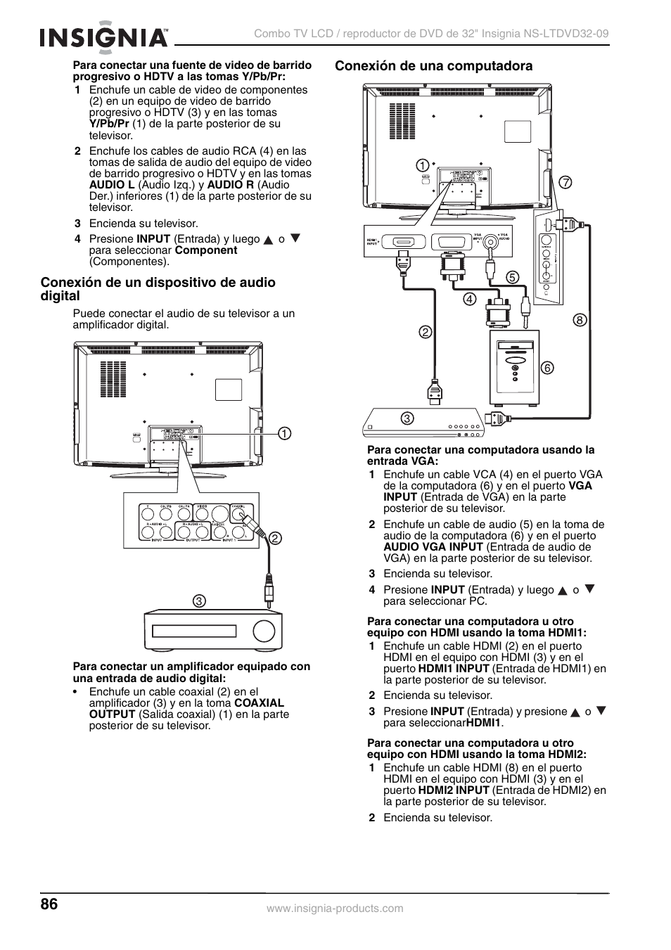 Conexión de un dispositivo de audio digital, Conexión de una computadora | Insignia NS-LTDVD32-09 User Manual | Page 86 / 116