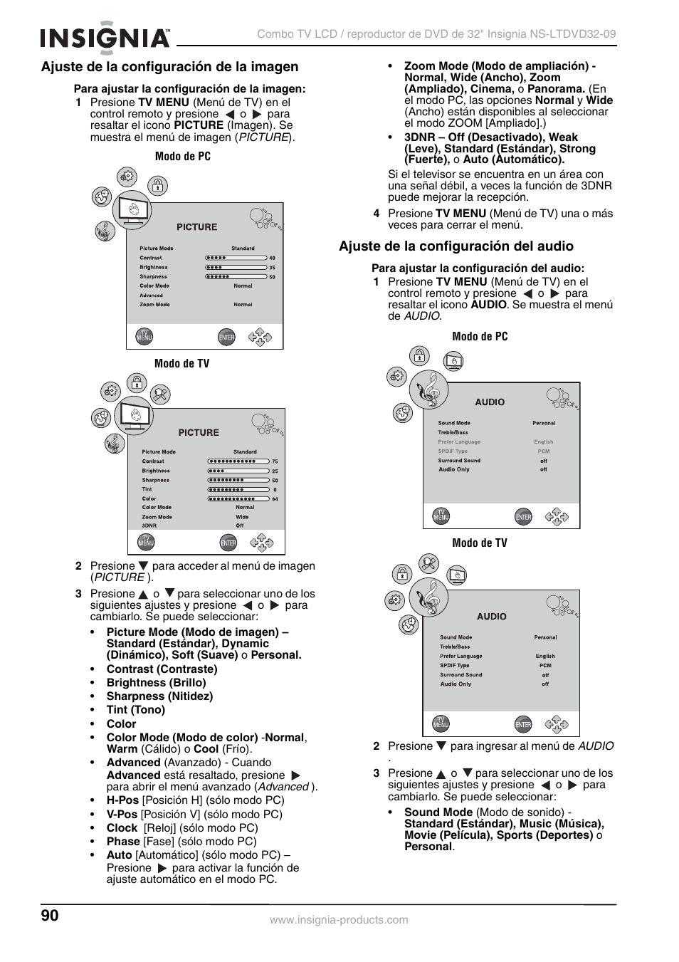 Ajuste de la configuración de la imagen, Ajuste de la configuración del audio | Insignia NS-LTDVD32-09 User Manual | Page 90 / 116