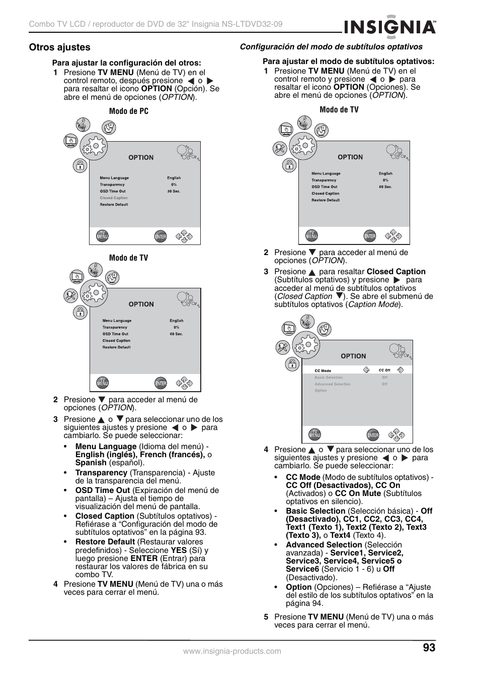 Otros ajustes, Configuración del modo de subtítulos optativos | Insignia NS-LTDVD32-09 User Manual | Page 93 / 116