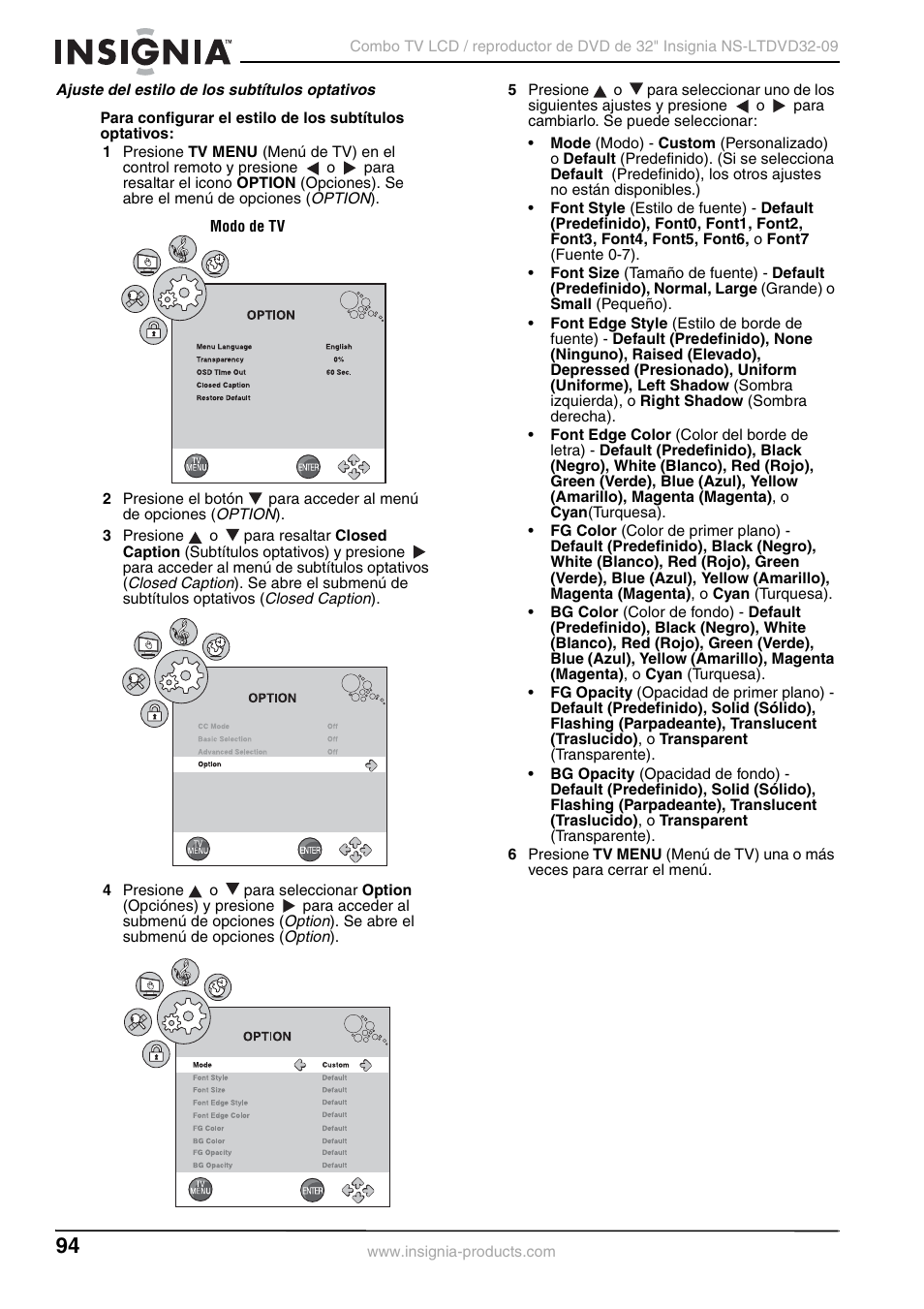 Ajuste del estilo de los subtítulos optativos, E a “ajuste del estilo de los subtítulos optativos, A 94 | Insignia NS-LTDVD32-09 User Manual | Page 94 / 116