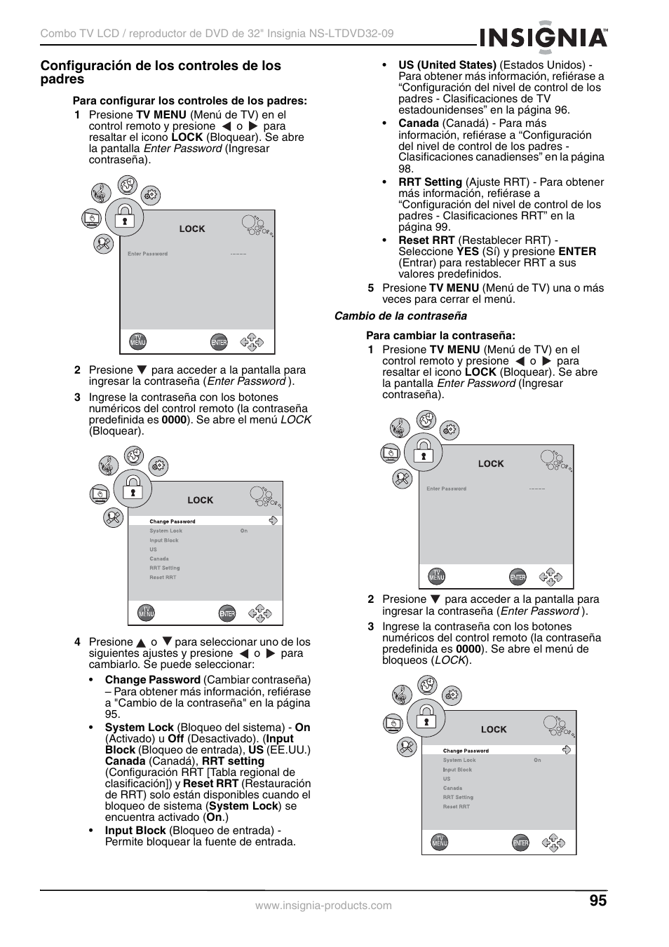 Configuración de los controles de los padres, Cambio de la contraseña | Insignia NS-LTDVD32-09 User Manual | Page 95 / 116