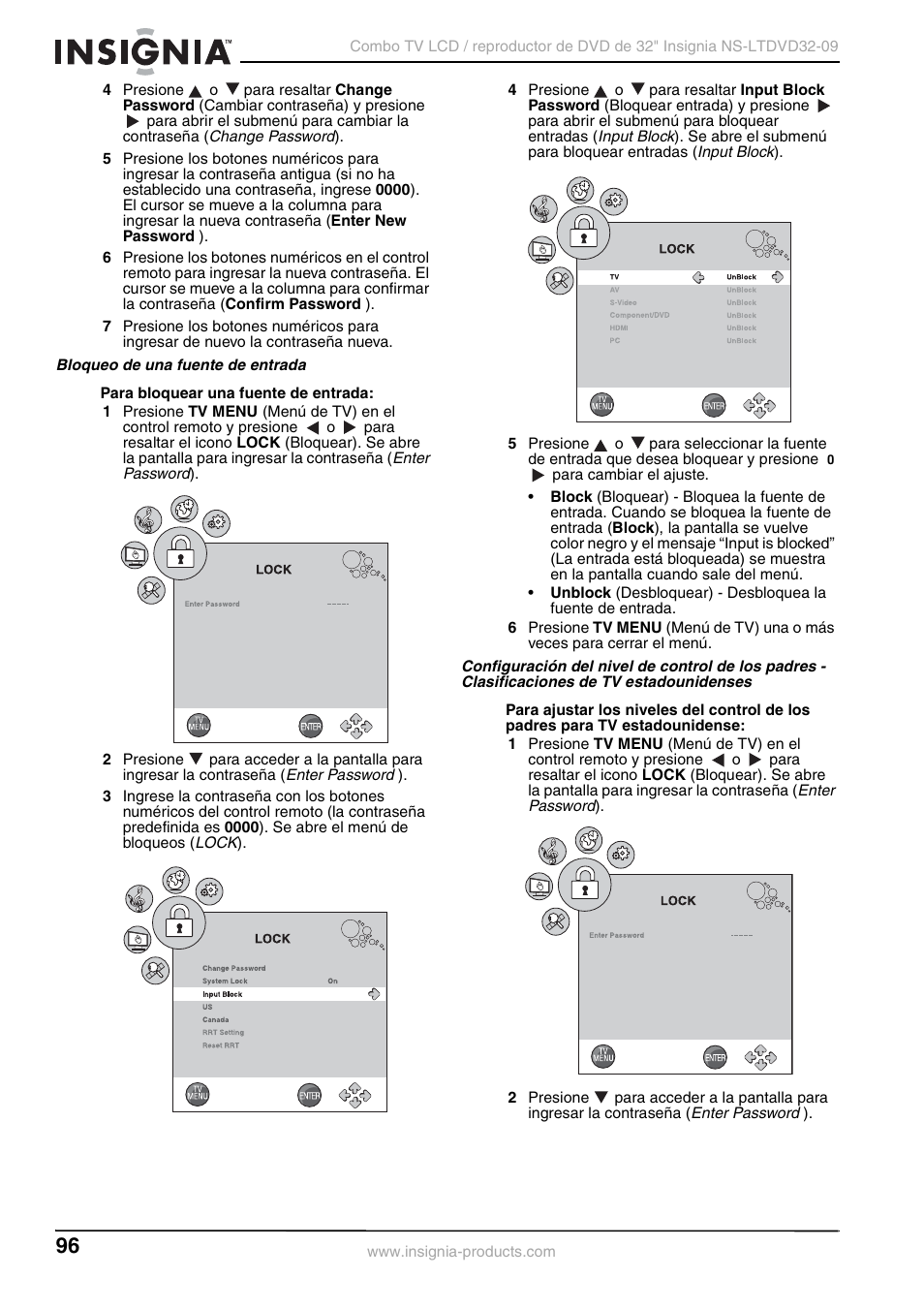 Bloqueo de una fuente de entrada, Na 96 | Insignia NS-LTDVD32-09 User Manual | Page 96 / 116