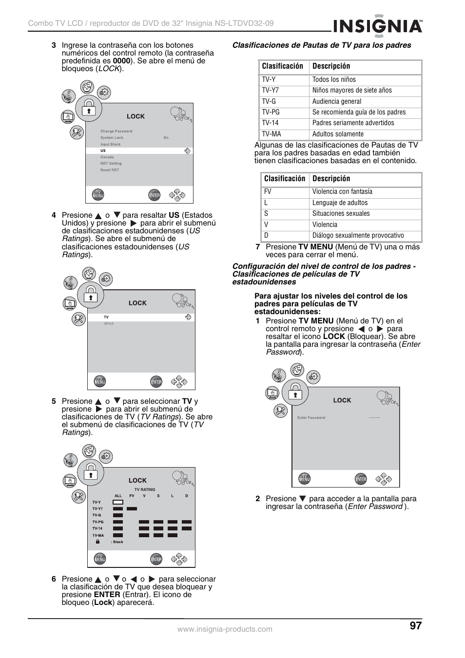 Clasificaciones de pautas de tv para los padres | Insignia NS-LTDVD32-09 User Manual | Page 97 / 116