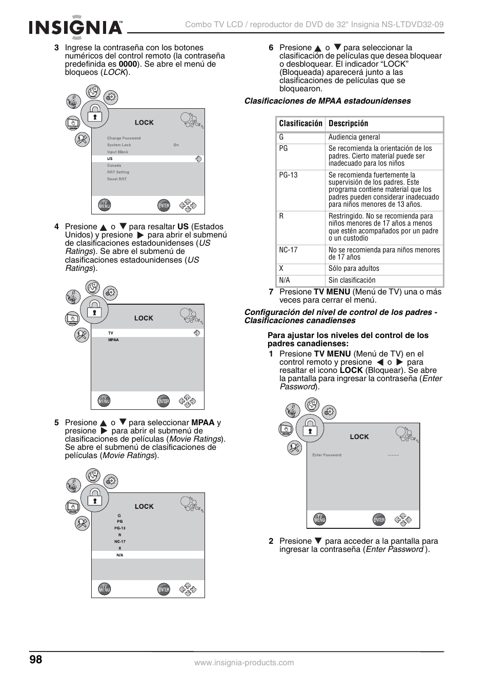 Clasificaciones de mpaa estadounidenses | Insignia NS-LTDVD32-09 User Manual | Page 98 / 116