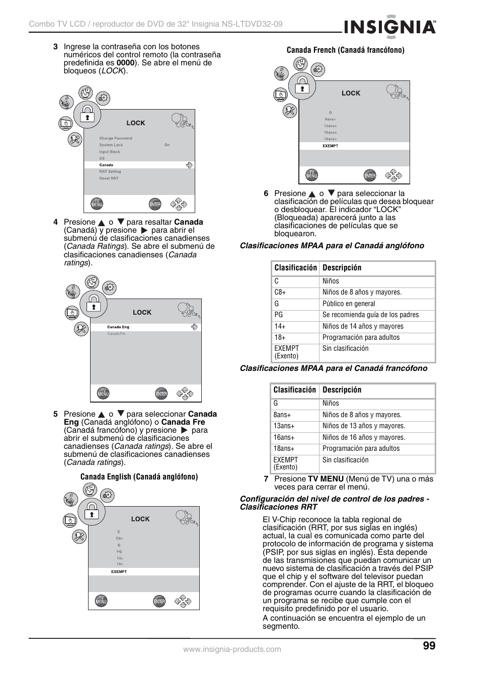 Clasificaciones mpaa para el canadá anglófono, Clasificaciones mpaa para el canadá francófono, A 99 | Insignia NS-LTDVD32-09 User Manual | Page 99 / 116