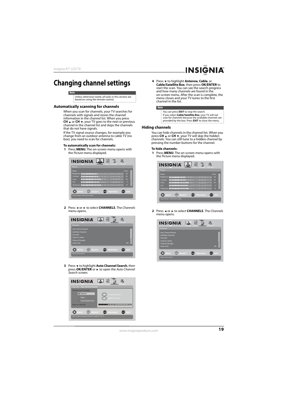 Changing channel settings, Automatically scanning for channels, Hiding channels | Insignia NS-L47Q09-10A User Manual | Page 23 / 40