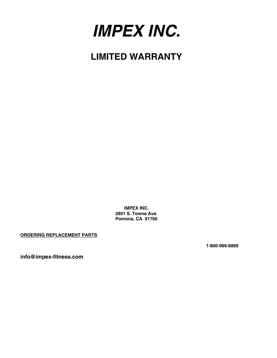 Impex inc, Limited warranty | Impex TT-210 User Manual | Page 11 / 11