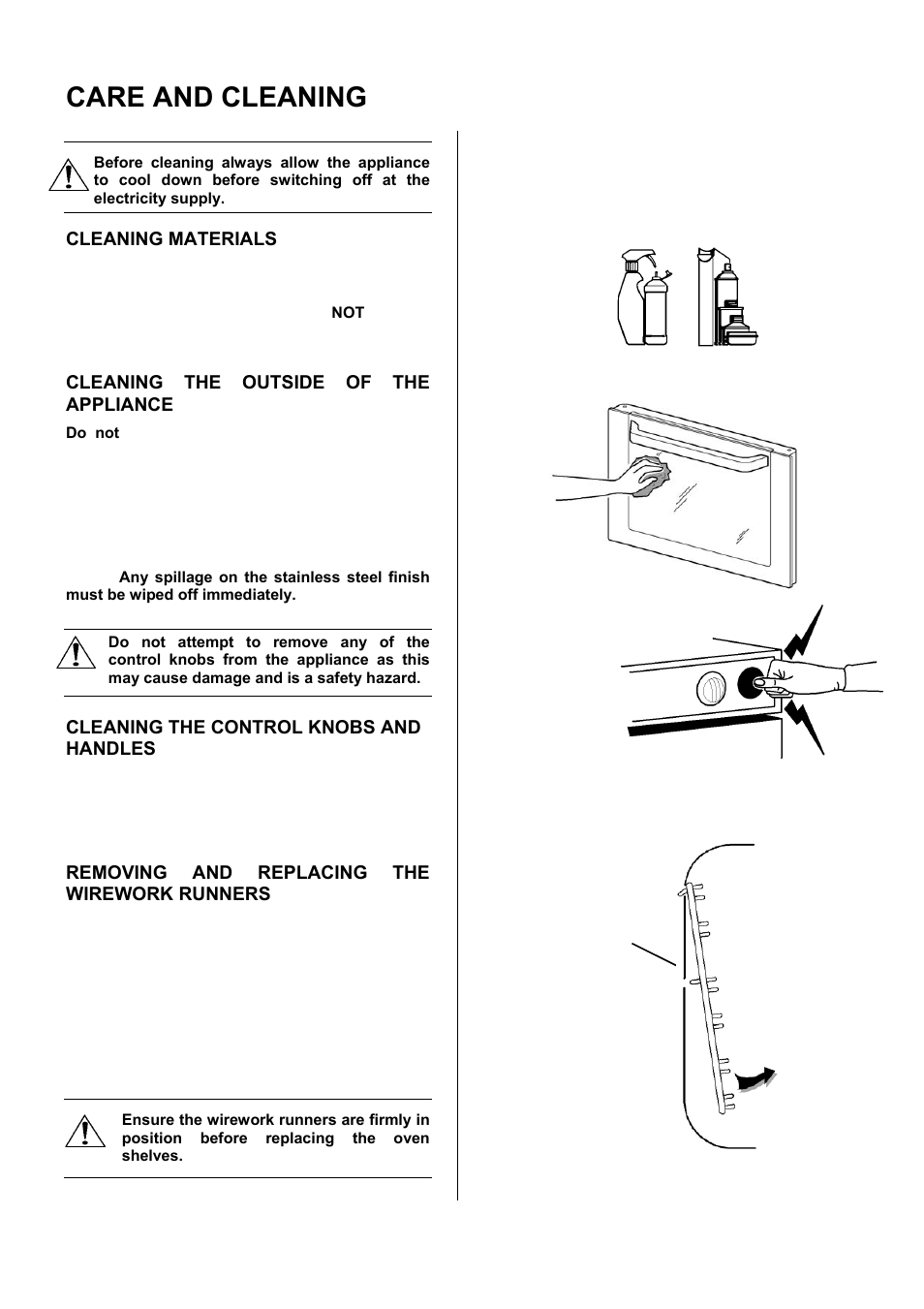 Care and cleaning, Cleaning materials, Cleaning the outside of the appliance | Cleaning the control knobs and handles, Removing and replacing the wirework runners | INSIGHT 51 EKM6047 User Manual | Page 21 / 36