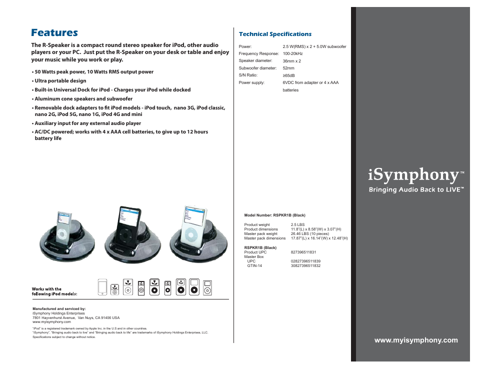 R-speaker, Features | iSymphony RSPKR1B User Manual | Page 3 / 3
