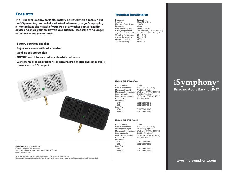 T-speaker, Features | iSymphony T-Speaker User Manual | Page 2 / 2