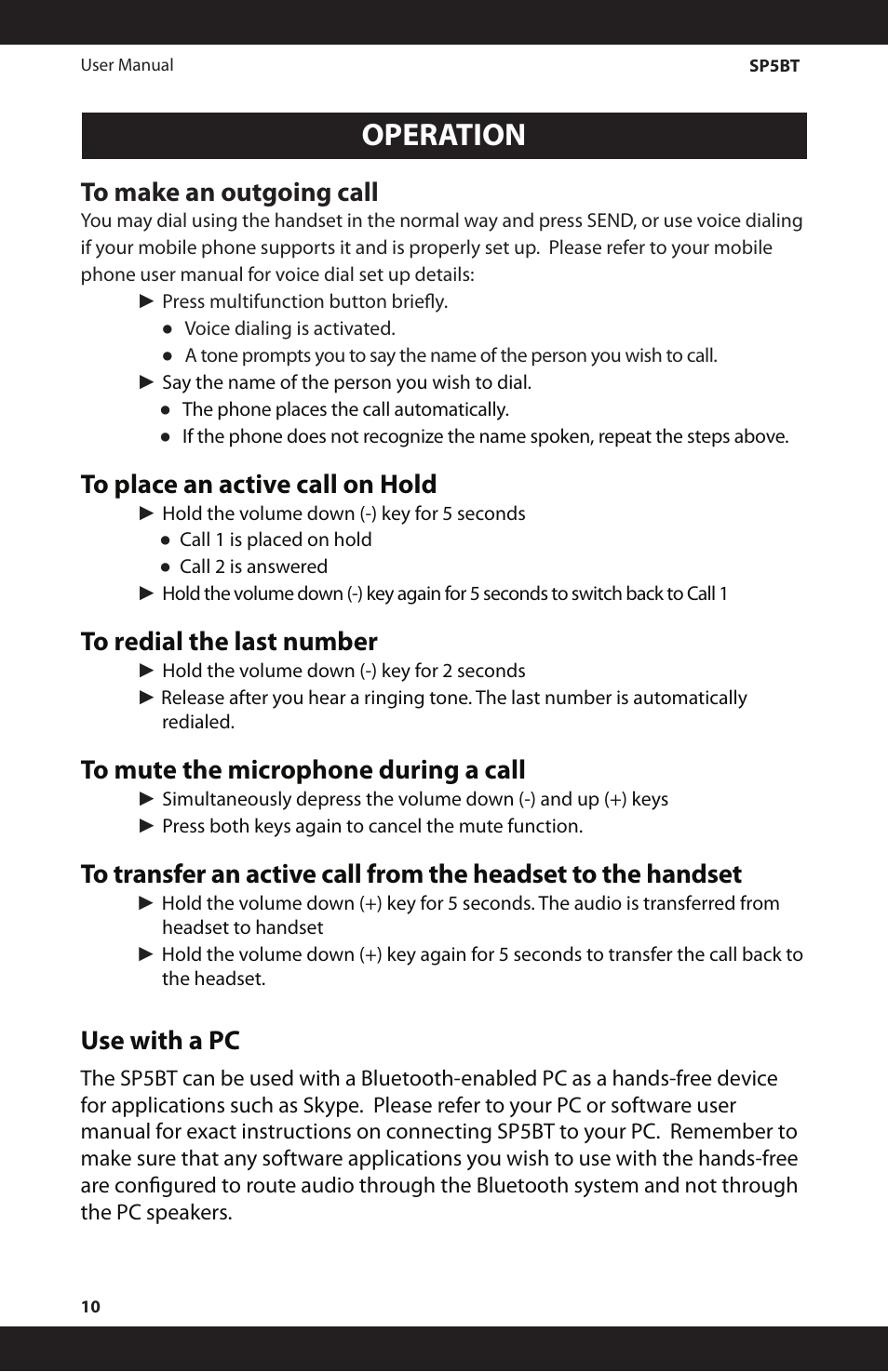 Operation, Use with a pc | iSymphony SP5BT User Manual | Page 10 / 16