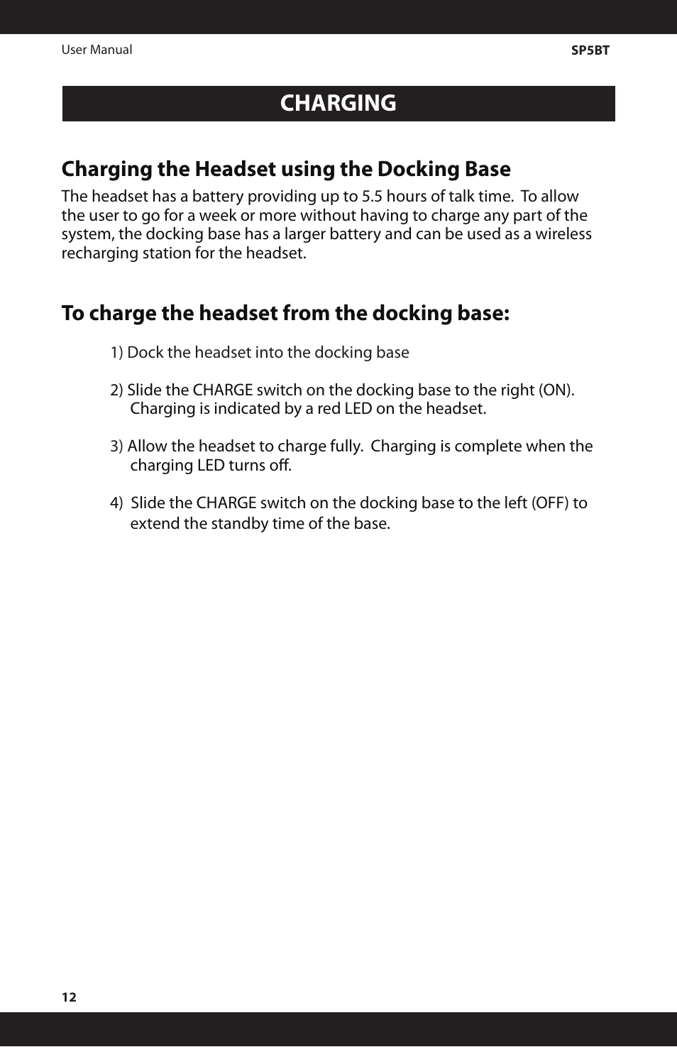 Charging, Charging the headset using the docking base | iSymphony SP5BT User Manual | Page 12 / 16