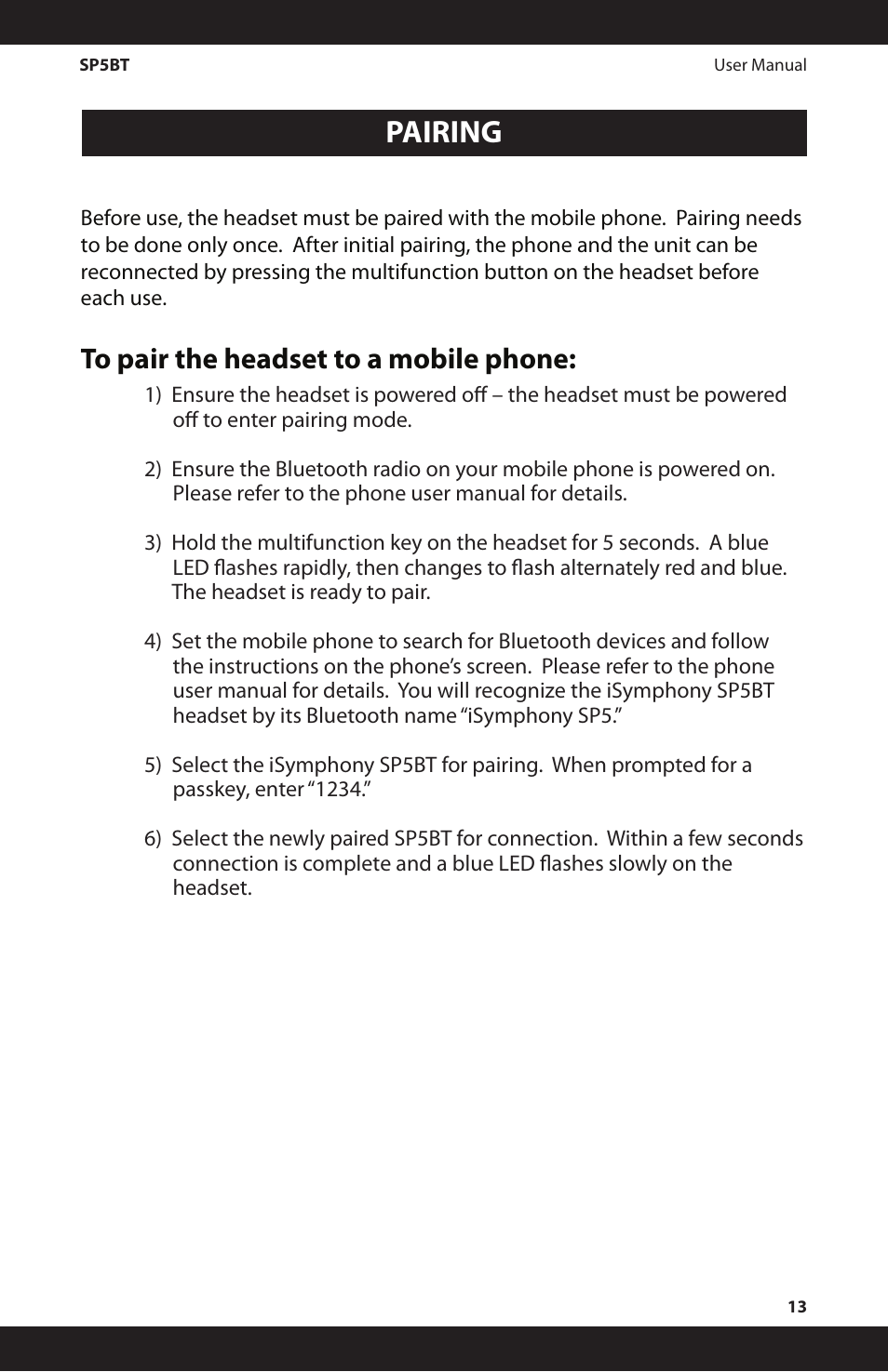 Pairing | iSymphony SP5BT User Manual | Page 13 / 16