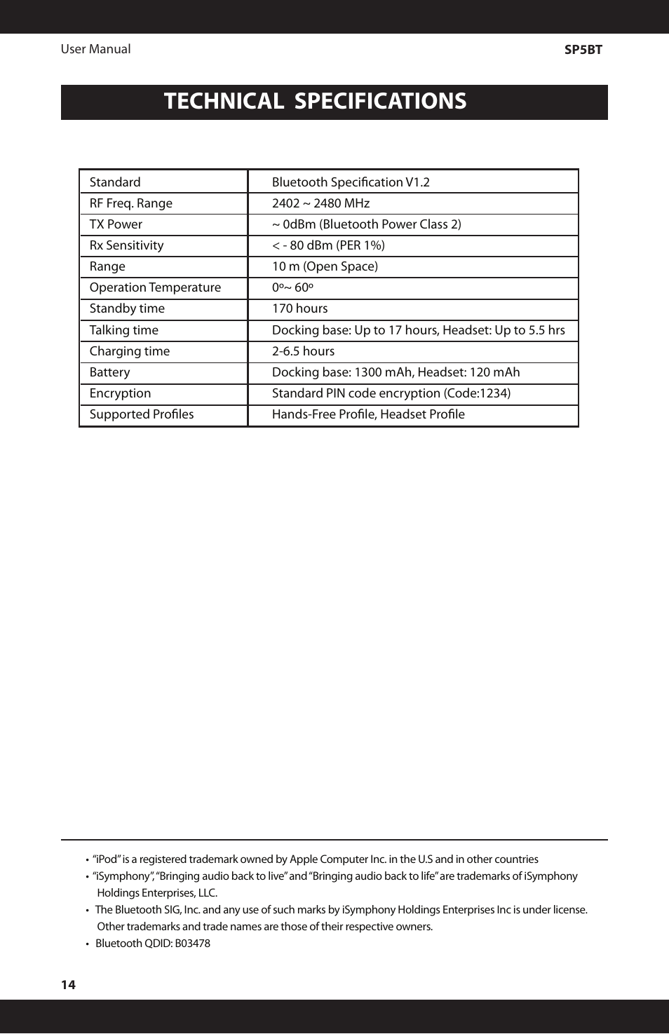 Technical specifications | iSymphony SP5BT User Manual | Page 14 / 16