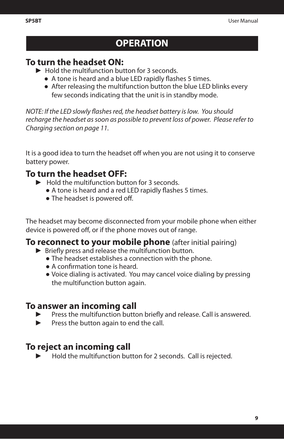 Operation | iSymphony SP5BT User Manual | Page 9 / 16