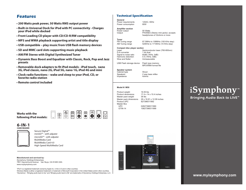 In-1, Features | iSymphony M50 User Manual | Page 2 / 2
