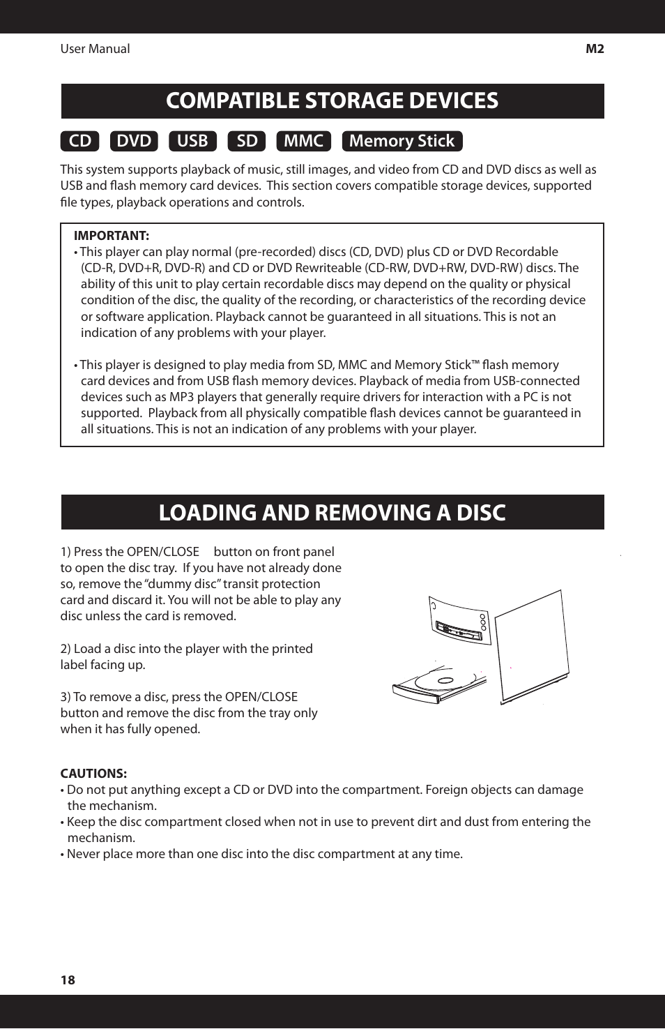 Loading and removing a disc, Compatible storage devices | iSymphony M2 User Manual | Page 18 / 48