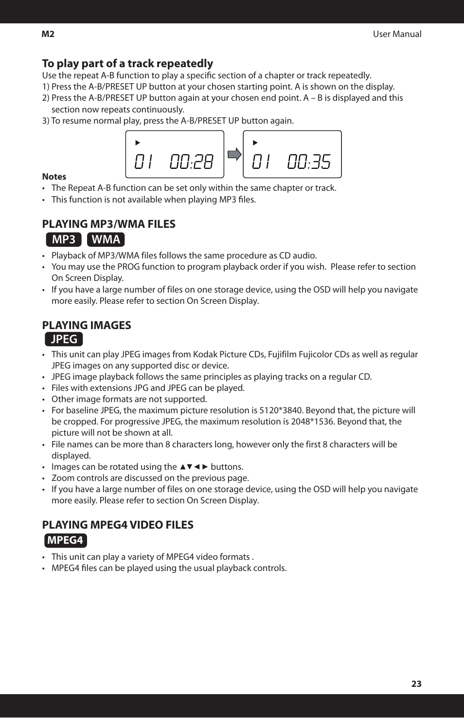 Wma mp3 jpeg, Playing mp3/wma files, Playing images | Playing mpeg4 video files | iSymphony M2 User Manual | Page 23 / 48
