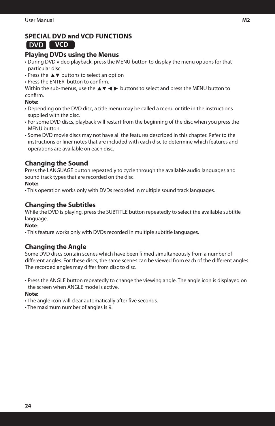 Changing the sound, Changing the subtitles, Changing the angle | iSymphony M2 User Manual | Page 24 / 48