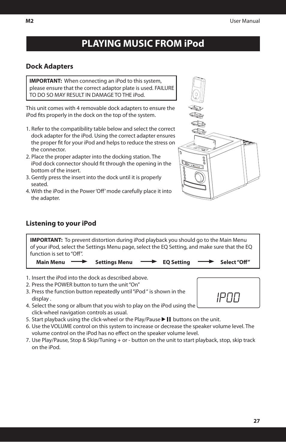 Ipod, Playing music from ipod, Dock adapters | Listening to your ipod | iSymphony M2 User Manual | Page 27 / 48