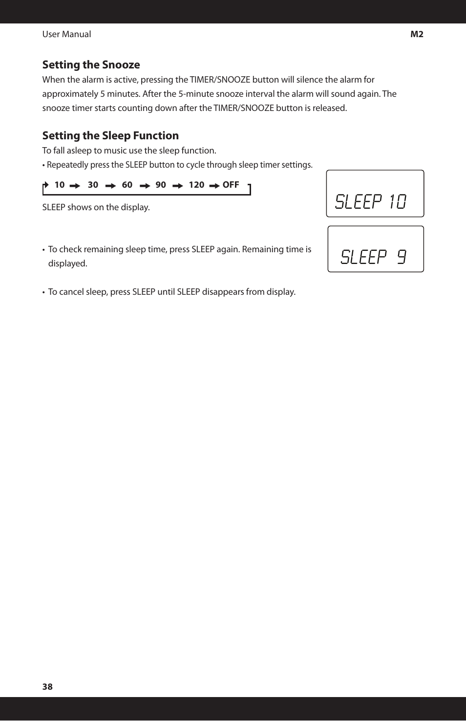 Sleep 10, Sleep 9, Setting the snooze | Setting the sleep function | iSymphony M2 User Manual | Page 38 / 48