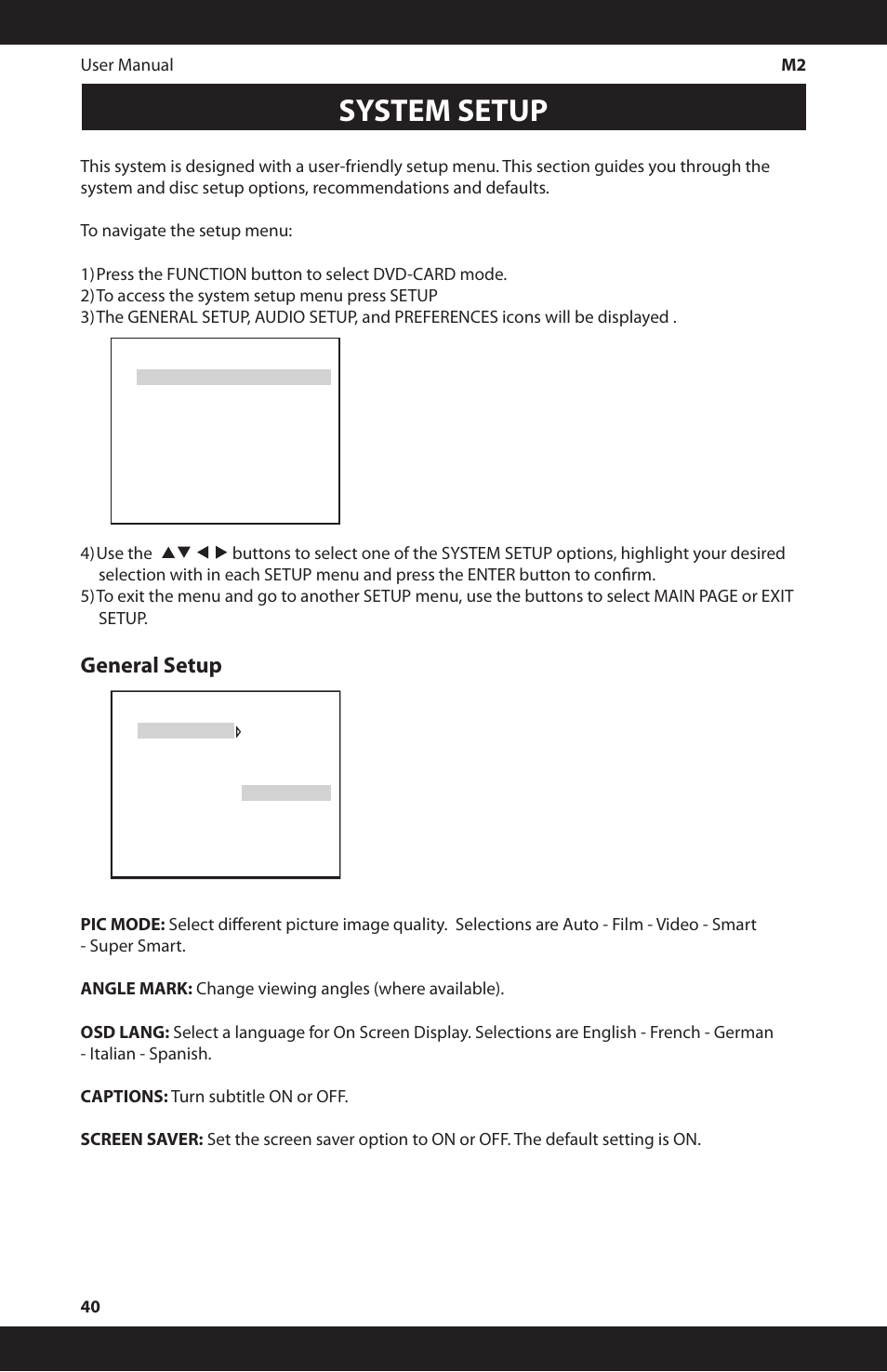 System setup, General setup | iSymphony M2 User Manual | Page 40 / 48