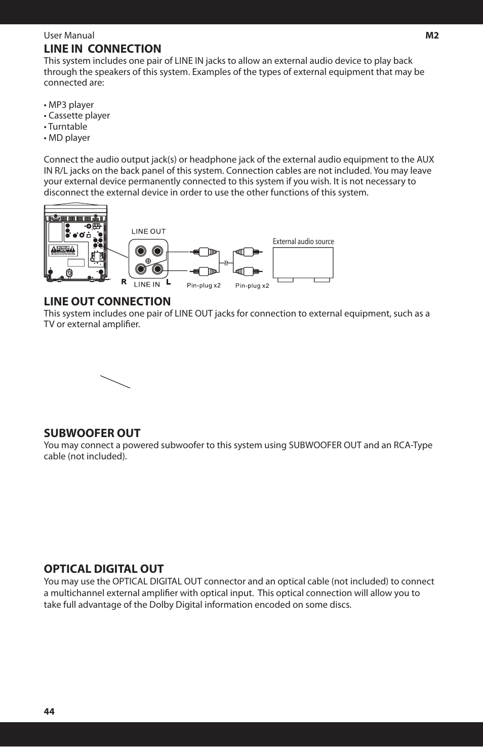 Line in connection, Line out connection, Subwoofer out | Optical digital out | iSymphony M2 User Manual | Page 44 / 48