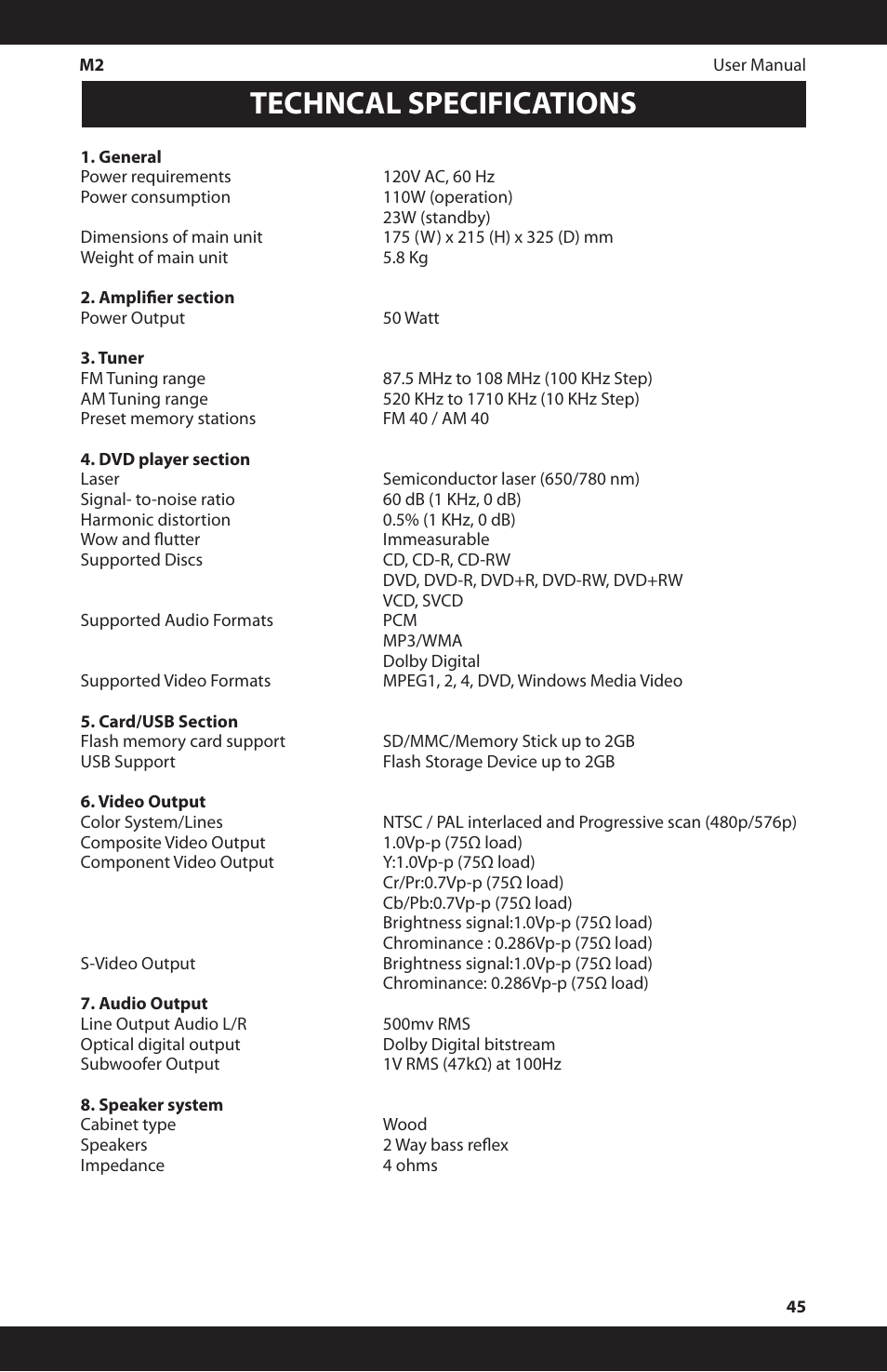 Techncal specifications | iSymphony M2 User Manual | Page 45 / 48