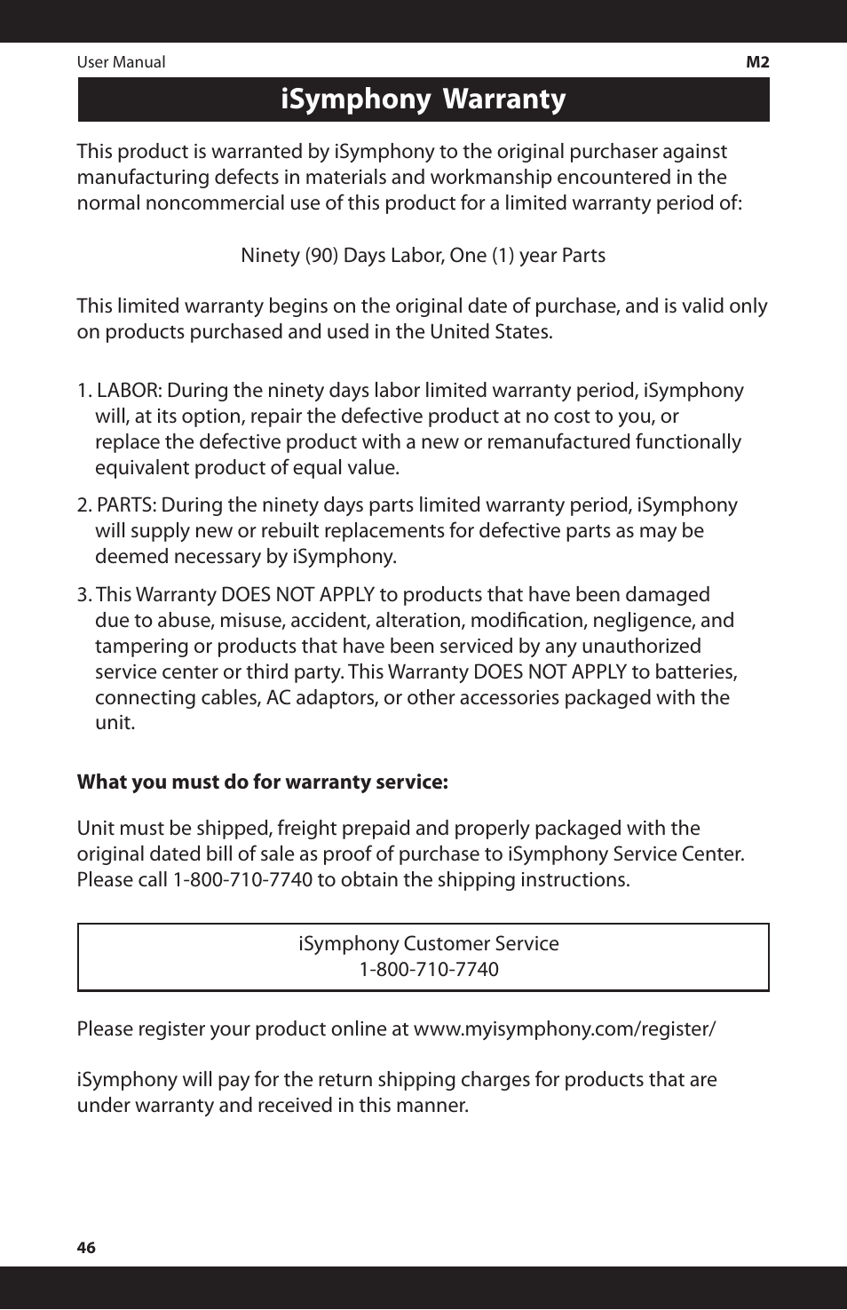 Isymphony warranty | iSymphony M2 User Manual | Page 46 / 48