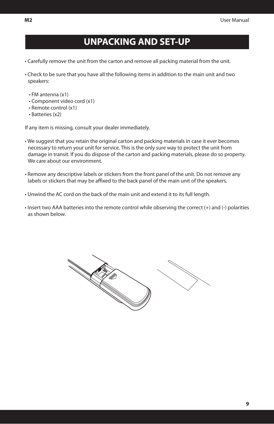 Unpacking and set-up | iSymphony M2 User Manual | Page 9 / 48