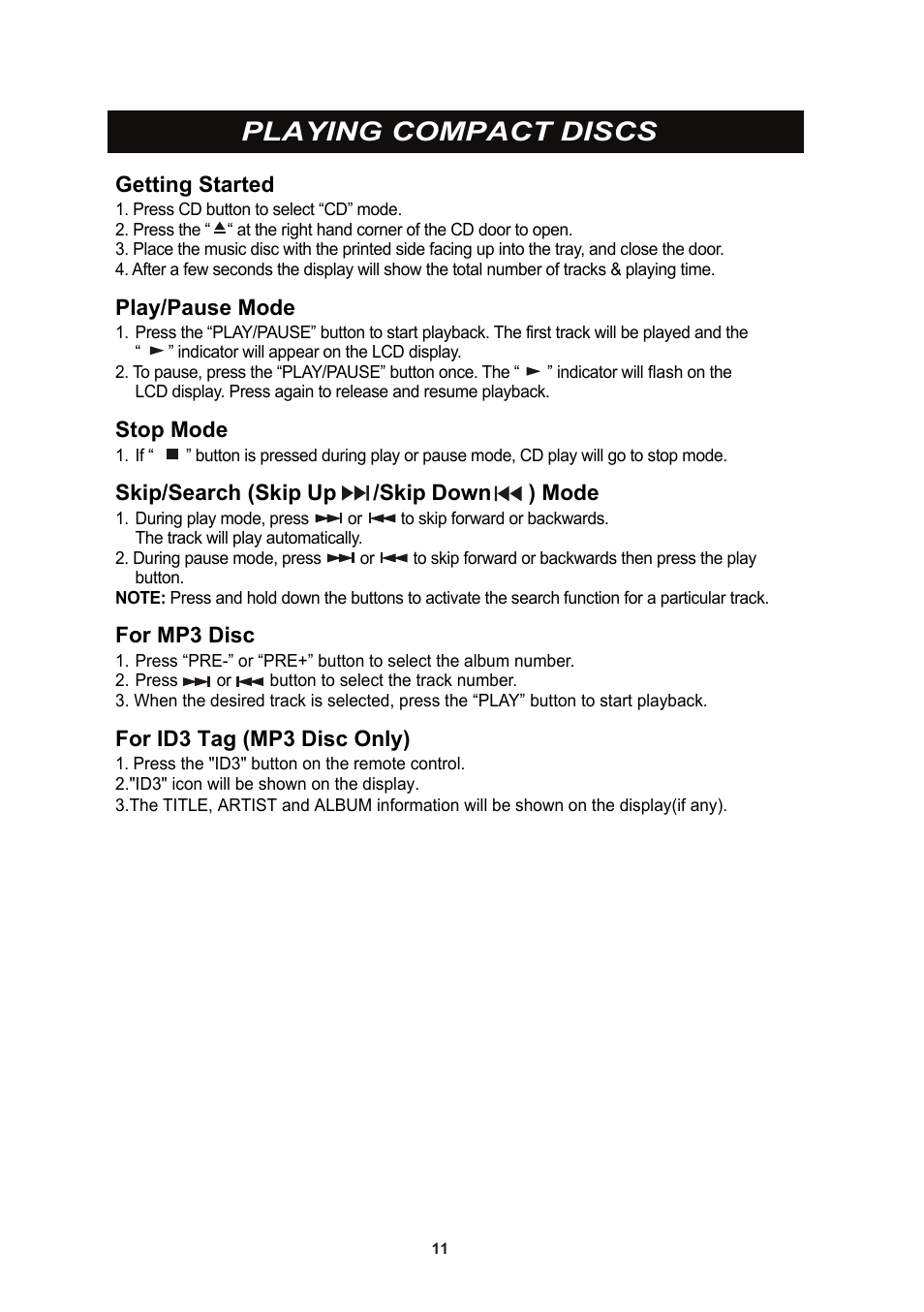 Playing compact discs | iSymphony CR8CD User Manual | Page 11 / 15