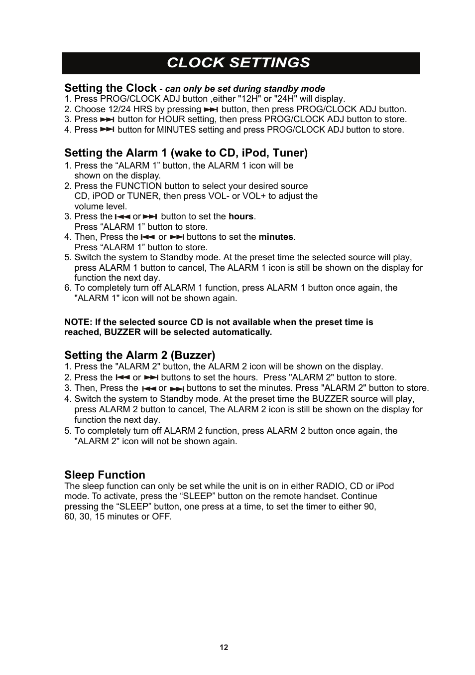 Clock settings, Setting the clock, Setting the alarm 1 (wake to cd, ipod, tuner) | Setting the alarm 2 (buzzer), Sleep function | iSymphony CR8CD User Manual | Page 12 / 15