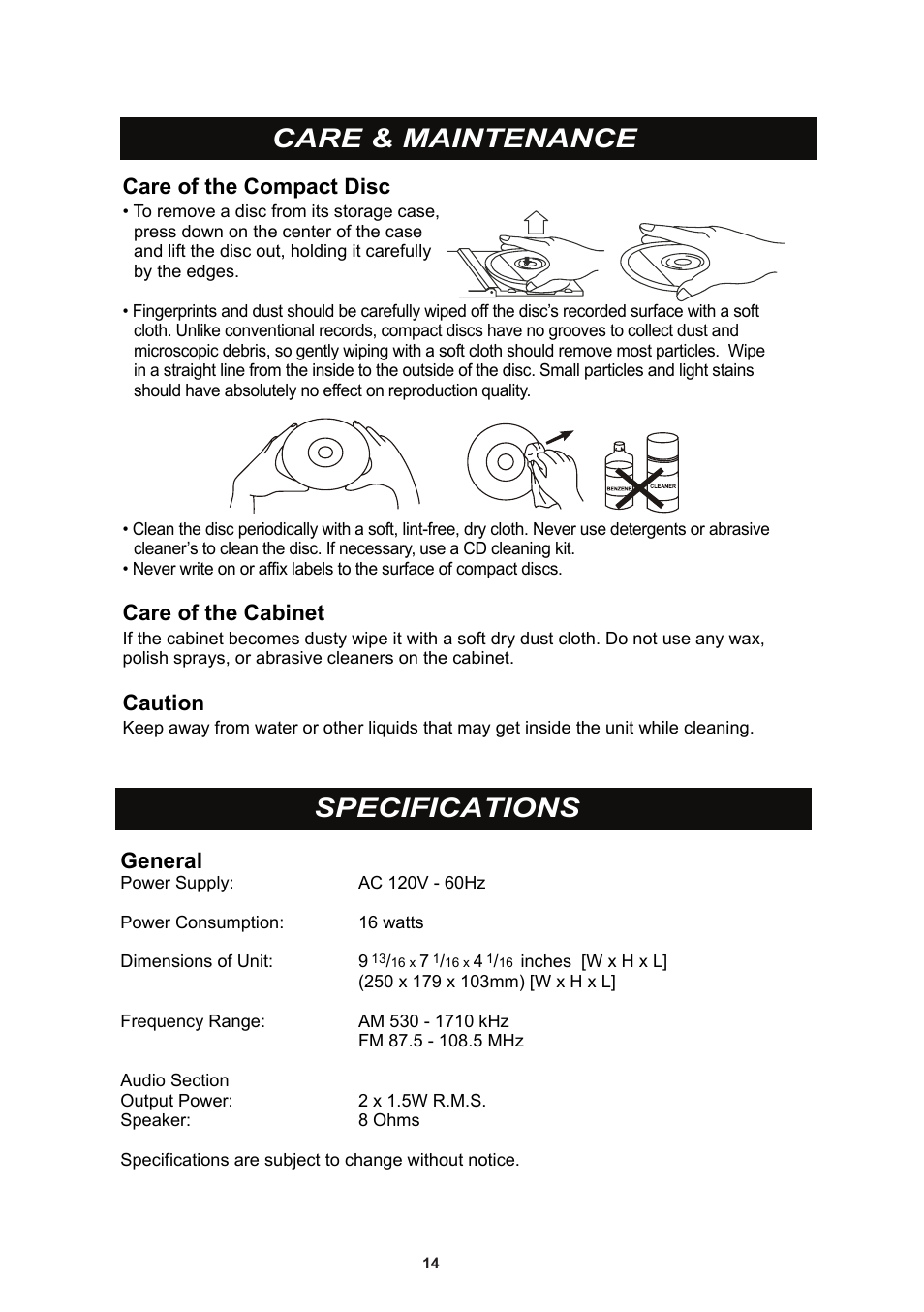Care & maintenance, Specifications, Care of the compact disc | Care of the cabinet, Caution, General | iSymphony CR8CD User Manual | Page 14 / 15