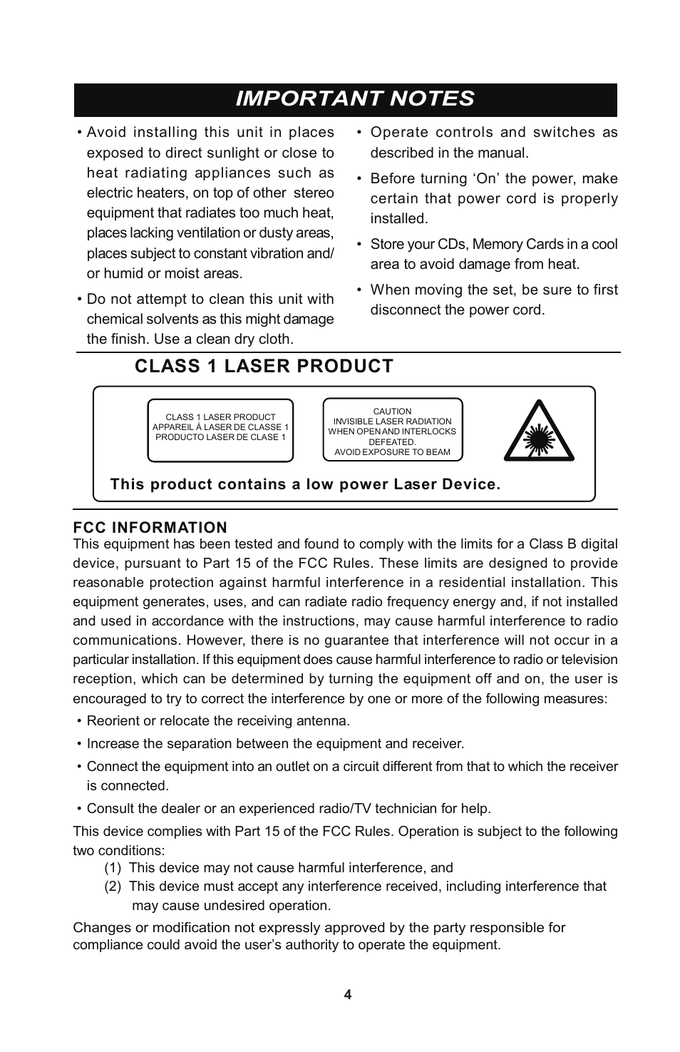 Class 1 laser product | iSymphony CR8CD User Manual | Page 4 / 15