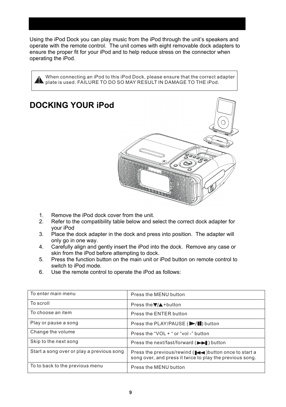 Ipod operation, Docking your ipod | iSymphony CR8CD User Manual | Page 9 / 15