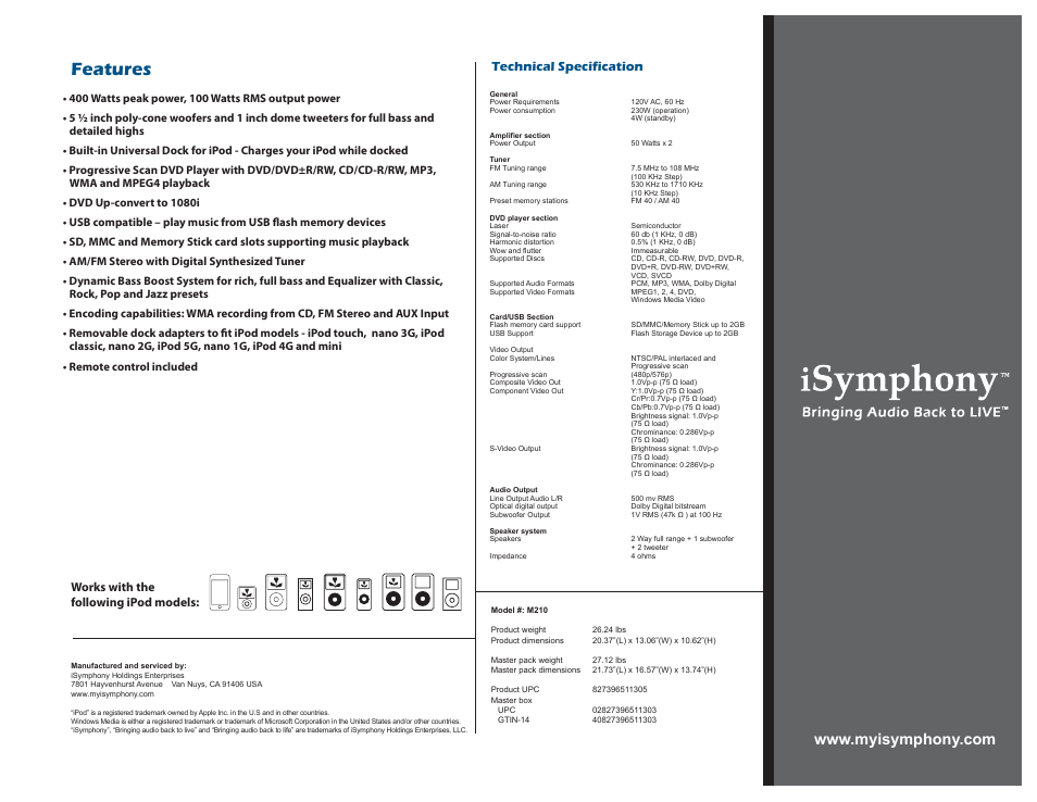 M210, Features, Technical specification | Works with the following ipod models | iSymphony M210 User Manual | Page 2 / 2